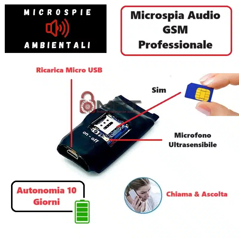 Microspia GSM professionale ascolto in diretta, registrazione audio su  micro SD e Localizzazione GPS - 10 giorni di autonomia