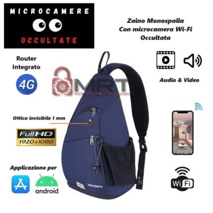 Zaino Monospalla con Microcamera Integrata WiFi Full HD 4G a Batteria blu